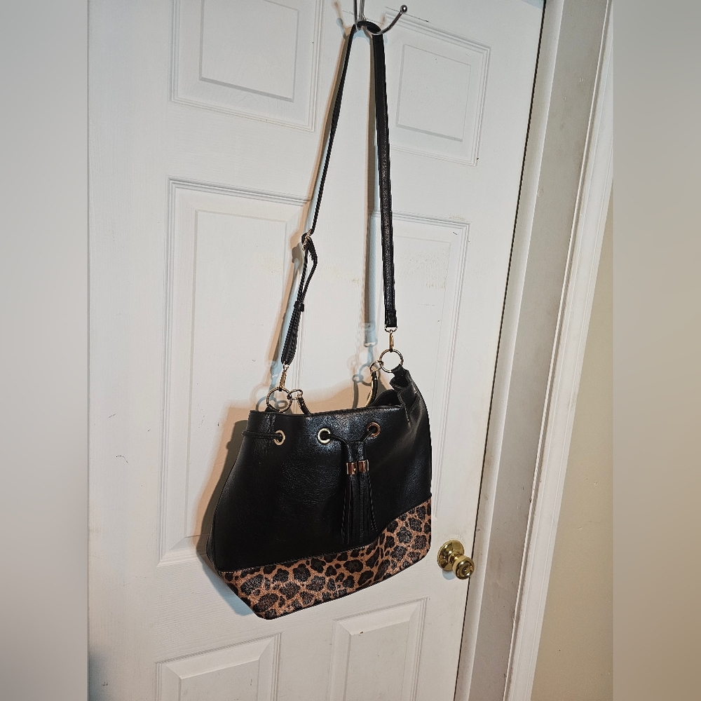 Black and Brown Leopard Print Shoulder Bag with Gold Hardware
